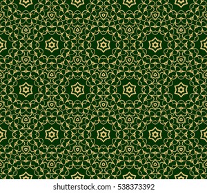 Green and gold color seamless pattern with damask floral ornament. Vector illustration. For invitation, template, wallpaper