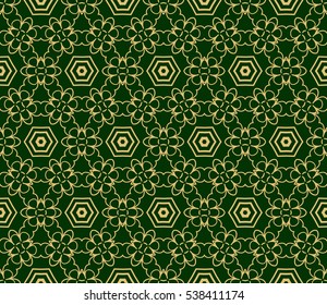 Green and gold color seamless pattern with damask floral ornament. Vector illustration. For invitation, template, wallpaper