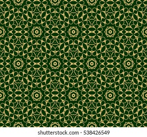 Green and gold color seamless pattern with damask floral ornament. Vector illustration. For invitation, template, wallpaper