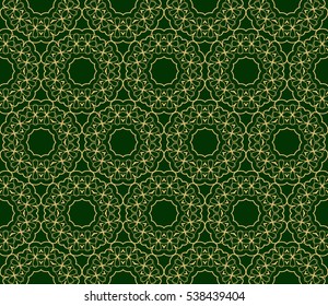 Green and gold color seamless pattern with damask floral ornament. Vector illustration. For invitation, template, wallpaper