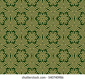 Green and gold color seamless pattern with damask floral ornament. Vector illustration. For invitation, template, wallpaper