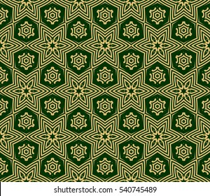 Green and gold color seamless pattern with damask floral ornament. Vector illustration. For invitation, template, wallpaper
