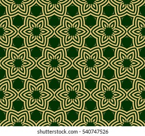 Green and gold color seamless pattern with damask floral ornament. Vector illustration. For invitation, template, wallpaper
