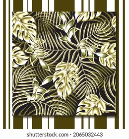 green and gold color tropical leaves seamless pattern plants with abstract monstera and palm leaf on dark background. fashionable texture. tropical decorative. exotic summer