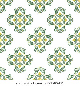 Green and gold damask seamless pattern with decorative flowers. Floral background. Vector illustration. Victorian style. Idea for wallpaper, rugs, carpets, tiles, and pottery.