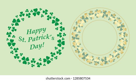 green and gold decorative round vector frames with clover for saint patrick holiday