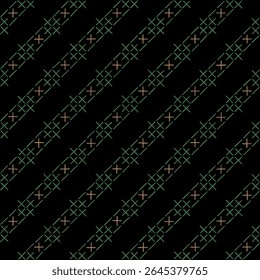 linhas diagonais verdes e douradas a partir de listras desenhadas à mão. fundo repetitivo preto. vetor padrão contínuo. arte decorativa popular. amostra de tecido geométrico. papel de embrulho. modelo de design têxtil