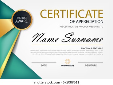Green and gold Elegance horizontal certificate with Vector illustration ,white frame certificate template with clean and modern pattern presentation