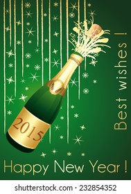 Green and gold festive Champagne greeting card. Vector illustration.