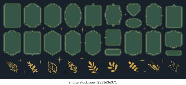 Green and gold frames. Collection of vertical blank templates to decorate text. Greeting, christmas frames. Decorative simple antique frames. Winter icons, stickers. Floral decor, gold branch