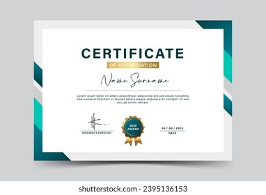 Green and gold geometric effect achievement certificate template.Vector illustration