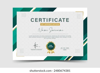 certificado de logro de efecto geométrico verde y dorado diseño en blanco de Vector de Plantilla. diseño suave. diseño simple, eps 10