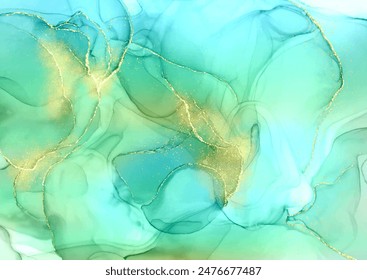 Green and gold hand painted alcohol ink background design