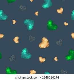 green and gold hearts seamless pattern on dark blue background. Vector illustration.