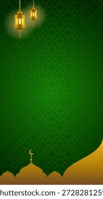 Fondo islámico de oro verde con patrón de adorno geométrico y diseño de Vertical de Ilustración vectorial de linterna brillante