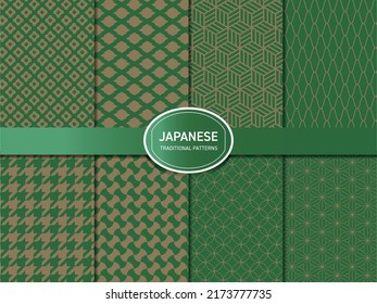 Green and gold Japanese pattern vector set