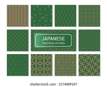 Green and gold Japanese pattern vector set