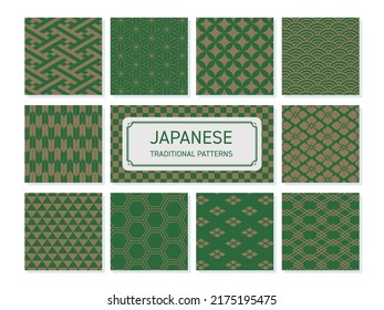 Green and gold Japanese pattern vector set