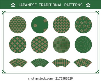Green and gold Japanese pattern vector set