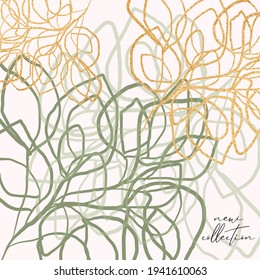 green and gold leaves brush delicate hand drawn doodle background for wedding, invitations, business cards, advertising banners, artistic wall prints, social media, posts, etc