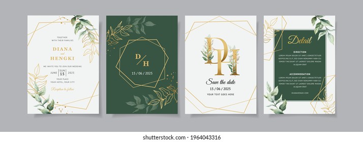 green gold leaves wedding invitation card template