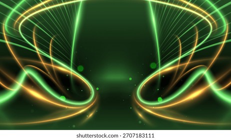 Green and gold light on dark scene with glow effect decoration and bokeh, Luxury background design concept for banner product presentation and award ceremony.