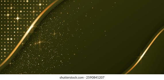 Green gold luxury abstract background with diagonal shiny wave stripes, sparkling particles, dotted pattern on deep emerald bg. Elegant design for premium brand presentations or festive invitations.