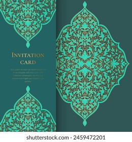 Green and gold luxury invitation card design with vector ornament pattern. Vintage template. Can be used for background and wallpaper. Elegant and classic vector elements great for decoration.