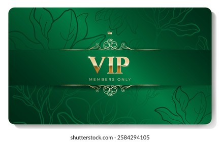 Green and gold luxury premium VIP card with crown, floral pattern for club members only, casino, invitation. Vector illustration