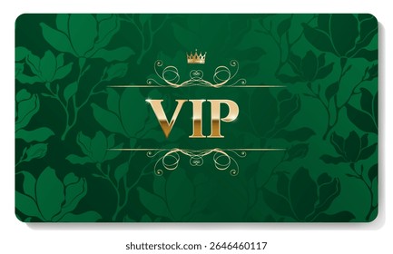 Green and gold luxury premium VIP card with crown, floral pattern for club members only, casino, invitation. Vector illustration