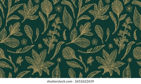Padrão De Selva Metálico Verde E Dourado Com Folhagem Exuberante E Elementos Botânicos, Perfeito Para Têxteis Ou Decoração.