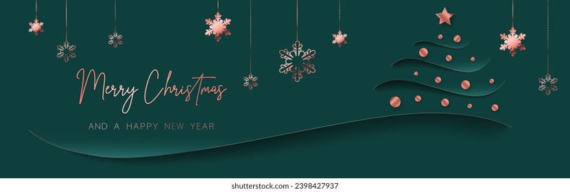 Green gold minimal Christmas banner design. Simple background, elegant geometric minimalistic style. Contemporary papercut luxury greeting backdrop  with merry xmas letters for web and advertising.