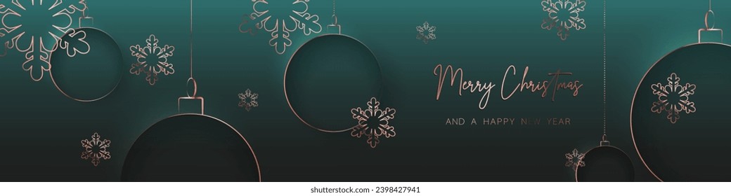 Green gold minimal Christmas banner design. Simple background, elegant geometric minimalistic style. Contemporary papercut luxury greeting backdrop  with merry xmas letters for web and advertising.