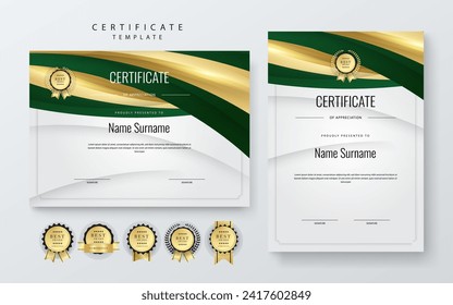 Green and gold modern certificate template for corporate, achievement, diploma, award, graduation, completion, appreciation, acknowledgement, recognition etc