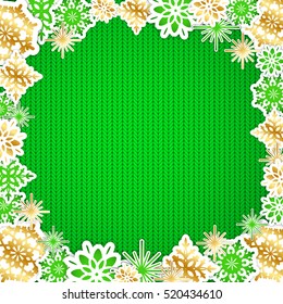Green and gold paper snowflakes on knitted texture background. Christmas background. Vector illustration.