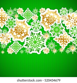 Green and gold paper snowflakes on knitted texture background. Christmas background. Vector illustration.