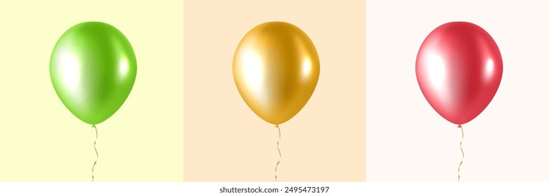 Green, gold, red ballloon template for birhday greeting cards, holidays. Creative vector glossy helium balloons. Happiness concept