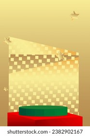 Green, gold and red mockup product display. Realistic vector 3D room, cylinder pedestal podium, stage showcase.