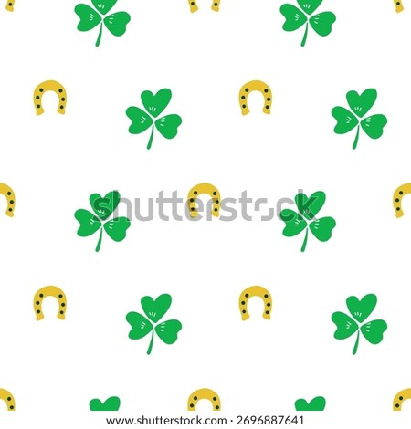 Green gold Saint Patricks Day shamrocks and horseshoes seamless vector pattern. Irish lucky charm motifs. Geometric St. Patricks day celebration symbols on white background. Ireland themed backdrop.