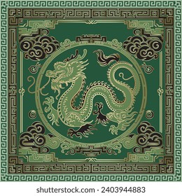 Green gold seamless asian style pattern with chinese traditional ornamental dragon and meanders borders frames. Happy Chinese new year 2024 Zodiac sign, year of the Dragon. Decorative ornate design.