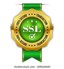 Green gold secure transaction badge with ribbon on white background