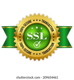 Green gold secure transaction badge with ribbon on white background