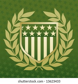 Green and Gold Shield on a Star Background