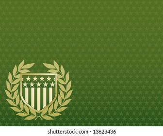 Green and Gold Shield on a Star Background with plenty of space for text