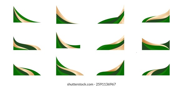 Green Gold Wave Abstract Shape Border and Corner Frame Vector Set Collection. Decorative Elements Corners, Borders, and Frames. Elegant Shape for Banners, Certificates, Invitations, and Covers Design