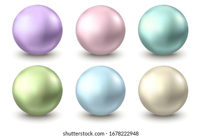 Green, golden, blue, pink, purple glossy sphere isolated on white background. Skin care oil bubbles. Pearl. Vector ball for natural cosmetic, shampoo package design.