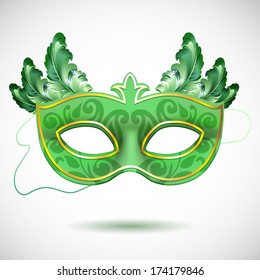 Green and golden carnival mask with feathers, Masquerade party mask