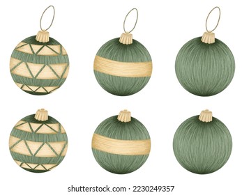 Green and golden Christmas tree toys collection, vector detailed tree toys. Fancy, golden, elegant decorations.
