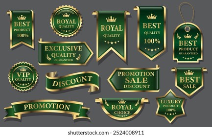 Green golden luxury premium quality label badges on grey background vector illustration.