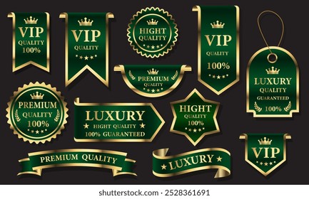 Green golden luxury premium quality label badges on grey background vector illustration.